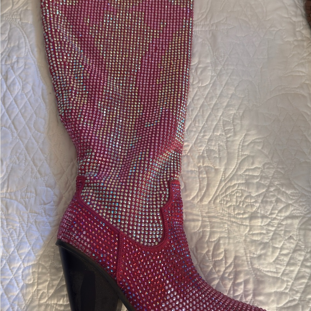 Pink Rhinestone Knee-High Boots
